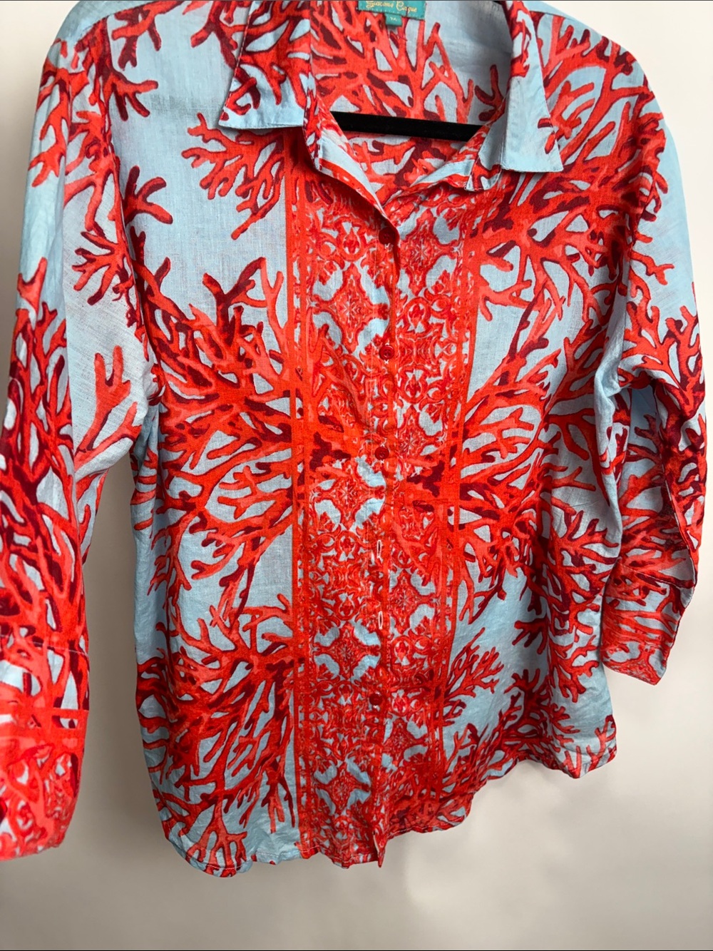 Coral print Button-Front Blouse - Light Blue & Red/orange - Cotton